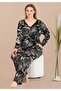 Black Patterned Button-Front Plus Size Pajama Set