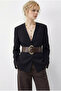 Women's Black Wide Belted Double Breasted Collar Lined Jacket 4169 60283989