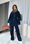 Belt Detail Asymmetrical Collar Denim Set - Navy Blue - 2