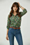 Women's Khaki Green Mini Crispy Floral Print Long Sleeve Viscose Button Shirt - 6
