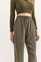 Women's Elastic Waist Striped Tensel Smoked Trousers Khaki - 3