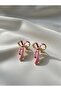 Pink Bow Model Gold Color Detailed Tiny Bow Steel Earrings - 3