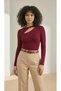 Women's Burgundy Modal Rib Knit Fabric Window Collar Detail Long Sleeve Blouse