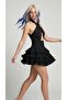 Women's Black Halter Neck Tie-Detail Backless Layered Mini Event Dress - 2