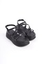 Black Buckled Striped Detail Women's Flat Sandals - 4