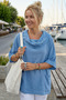 Blue Shawl Collar Short Sleeve Double Pocketed Casual Linen Look Wide Cut Woven Blouse 65 70 - 2