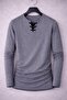 Special Edition Smoked Drawstring Collar Slim Fit Long Sleeve Wide Collar Crew Neck T-Shirt Tshirt - 4