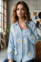 Women's Baby Blue Daisy Patterned Muslin Fabric Long Sleeve Oversized Shirt