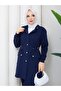 طقم بدلة رياضية نسائية من قطعتين مع سترة طويلة من خيطين وأزرار n-05501 _ أزرق داكن