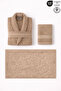 3-Piece Beige Bathrobe Set 100% Cotton Certified Striped Bathrobe, Head and Foot Towels (Stone Pattern Mat)