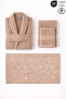 4-Piece Beige Bathrobe Set 100% Cotton Striped Bathrobe, Towels, and Foot Towel (Stone Pattern Mat)