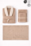 4-Piece Beige Contrast Bathrobe Set 100% Cotton Striped Bathrobe, Towels, and Foot Towel (Striped Mat)