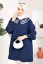 Collar Embroidered Hijab Tunic Navy Blue - 2