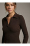 Women's Bitter Brown Polo Collar Short Blouse Nj114