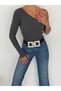 Women's Smoked Color One-Shoulder Open-Finger Detailed Long Sleeve Corded Fabric T-Shirt Blouse