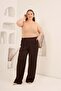 Yılan Patterned Women's Large Size Wide-Leg Pants with Elastic Waist Brown - 4