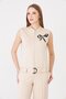 Women's Mock Neck Bow Printed Zipper Belt Pack Vest Beige