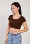 Women's Leather n neck Corded Fabric bodysuit - dark brown - 3