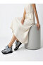 Women's Gray Shiny Satin and Leather Detailed Flat Sole Lace-Up Sneakers - 4