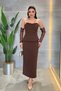 Atlas Fabric Lace Detailed Strapless Elibse - Brown
