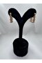 Gold Rectangular Navy Blue Stone Detailed Serenay Leyla Steel Earrings - 3