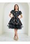 Girls Black Jacquard Puff Sleeve Dress