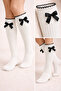 Girl's White Knee-Length Socks with Satin Bow Accessories - 3