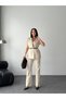 Plus Size Gold Buckle Set Belt in Padded Shoulders Elegant Oversized Vest and Trousers-Cream - 2