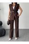 Plus Set with Gold Buckle Belt, Padded Shoulders Elegant Oversized Vest and Pants - Dark Brown - 3