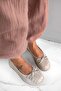 Elara Beige Leather Knitted Flat Sole Women's Ballet Flats