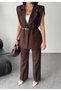 Plus Set with Gold Buckle Belt, Padded Shoulders Elegant Oversized Vest and Pants - Dark Brown - 5