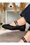 Azurel Women's Double Strapped Blunt Toe Leather Detailed Flat Sole Perforated Ballet Flats - 5