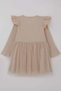 Girl's Long Sleeve Dress with Ruffle Detail on the Shoulder and Bow, Ages 3-8, Beige - 2