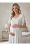 New Season Ecru Maternity Buttoned Lace Detailed Full Length 100% Cotton Summer Dressing Gown Nightgown Set - 8