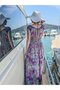 Purple Color Gold Detailed Madonna Collar Short Sleeve Silk Dress - 5