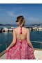 Pink Color Stone and Sequin Embroidered Halter Neck Dress Tie-Detail Open Back Silk - 4