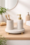 Marble Patterned Beton 3-Piece Gold Pedestal Bathroom Wc Set Liquid Soap Dispenser Presentation Tray Dowry