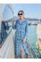 Blue Color Positano Floral Patterned Two Y Side Slit Button Long Shirt Dress - 2