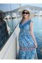 Blue Color Gold and Sequin Detailed Embroidered Madonna Collar Short Sleeve Dress Silk - 2