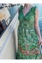 Green Color Gold and Sequin Detailed Embroidered Madonna Collar Short Sleeve Dress Silk - 2