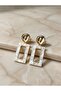 White Marble Patterned Gold Color Rectangular Framed Steel Earrings - Tarnish Resistant