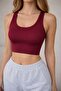 Women's Rib Knit Strap Shoes Corded Fabric Cropped Claret Red - 3