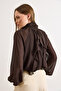 Women's Brown Collar Zipper Back Ruffled Boho Stylish Tulle Blouse Blz-19003246 - 5