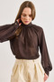 Women's Brown Collar Zipper Back Ruffled Boho Stylish Tulle Blouse Blz-19003246