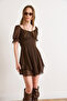 Women's Brown Lined Skirt Ruffled Mini Chiffon Dress Elb-19002598 - 4