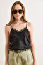 Women's Black Adjustable Strap Lace Detailed Tok Satin Blouse Blz-19003247 - 4