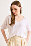 Women's White V-Neck Mercerized Yarasa Drapey Knitwear Blouse Blz-19003210 - 4