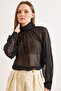 Women's Black Collar Zipper Back Ruffled Boho Stylish Tulle Blouse Blz-19003246 - 4