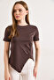 Women's Brown Drape Detailed Asymmetrical Cut Cotton T-Shirt Tsh-19000947 - 2