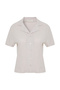 Women's Stone Color V-Neck Buttoned Short Sleeve Knitted T-Shirt - 6